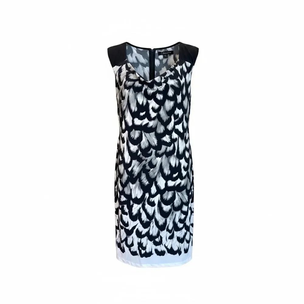 Calvin Klein Black White Feather Print Knee Length Modern Dress Womens M